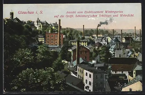 AK Glauchau i. S., Ansicht vom Etablissement Wintergarten auf die Gräfl. Schönburg`schen Schlösser