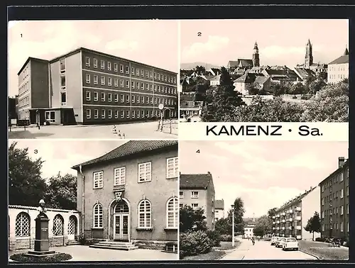 AK Kamenz /Sa., Geschwsiter-Scholl-Strasse, Lessingdenkmal und Lessinghaus
