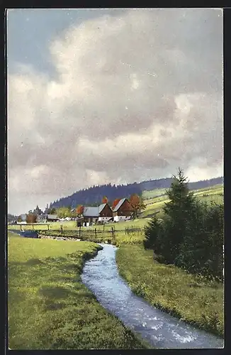 Künstler-AK Photochromie Nr.: Zaunhaus-Rehefeld, Bach gegen Dorf