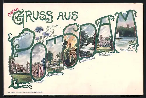 Künstler-AK Potsdam, Flatow-Thurm, Gerichtslaube, Pfauen-Insel