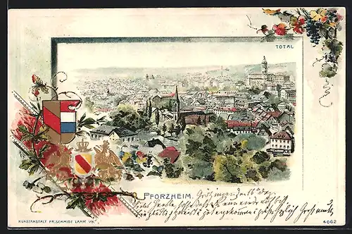 Lithographie Pforzheim, Stadt aus der Vogelschau, Wappen