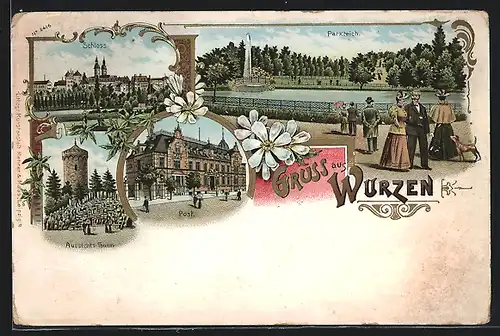 Lithographie Wurzen, Schloss, Parkteich & Post