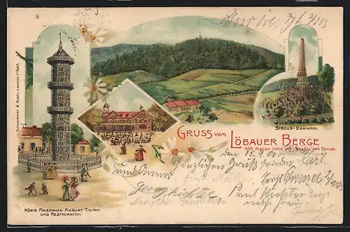 Lithographie Löbauer Berg, König Friedrich August-Turm und Restaurant, Garten, Sieges-Denkmal