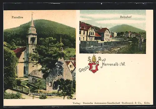 AK Herrenalb i. W., Bahnhof, Paradies mit Kirche