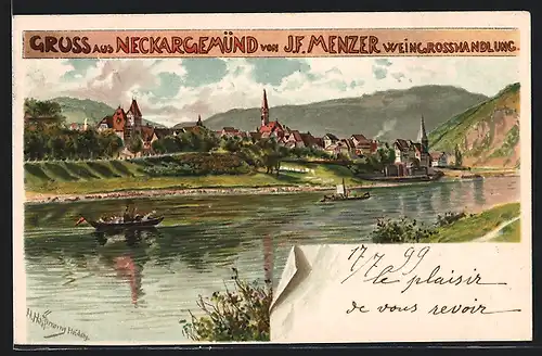Lithographie Neckargemünd, Panoramablick auf den Ort, Reklame Weingrosshandlung J. F. Menzer