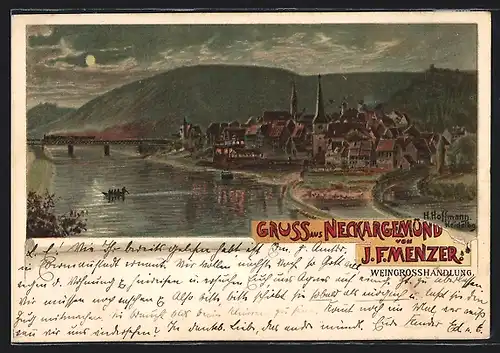 Lithographie Neckargemünd, abendlicher Blick auf den Ort, Reklame Weingrosshandlung J. F. Menzer