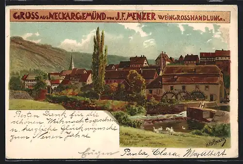 Lithographie Neckargemünd, Blick auf Mühle und Häuser, J. F. Menzer Weingrosshandlung