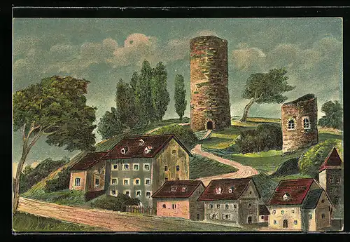 Künstler-AK Bad Lobenstein, Burgruine nach altem Gemälde