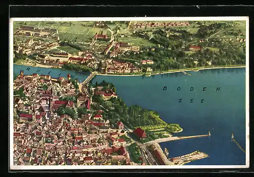 AK Konstanz am Bodensee, Fliegeraufnahme der Stadt mit der Brücke über den Rhein