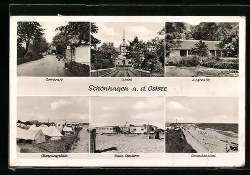 AK Schönhagen a. d. Ostsee, Dorfstrasse, Schloss, Liegehalle, Haus Seestern, Campingplatz