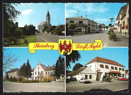 AK Steinberg-Dörfl im Bgld., Strasse durch den Ort, die Pfarrkirche, Hotel Restaurant Faymann