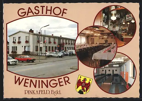 AK Pinkafeld im Bgld., vor dem Gasthof Weninger, im Festsaal, Kegelbahn