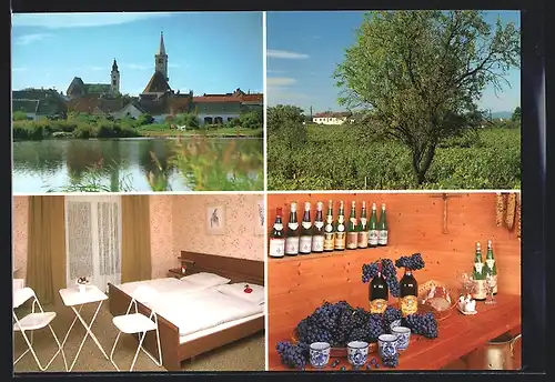 AK Rust am See, Gesamtansicht mit der Kirche, Gästehaus Christine in der Ödenburger Strasse 25, Gästezimmer, Weinflasche