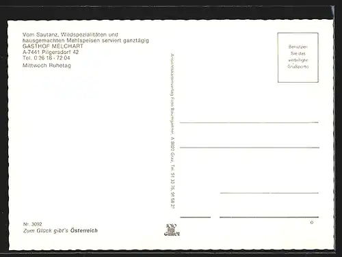 AK Pilgersdorf, Gesamtansicht, Gasthof Melchart, Aussenansicht, in den Gasträumen