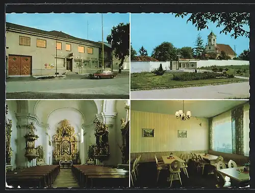 AK Klostermarienberg im Bgld., Gasthof und Fleischhauerei Gregorich, im Gastraum, Kirche von aussen und innen gesehen