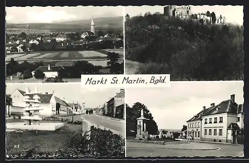 AK Markt St. Martin im Burgenland, Panoramaansicht, Denkmal auf dem Stadtplatz