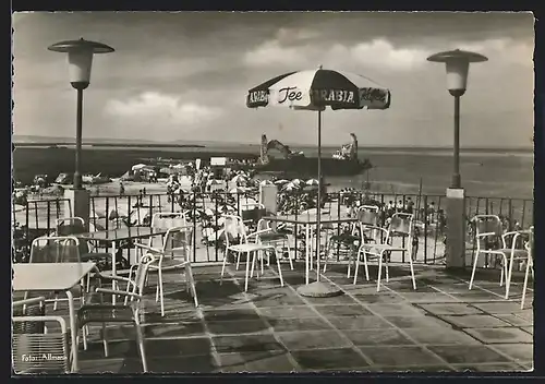 AK Mörbisch am Neusiedlersee im Burgenland, Seehotel und Strandbad, Terrasse mit Seebühne im Hintergrund
