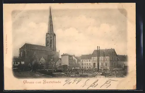 AK Buxtehude, Ortspartie mit Kirche aus der Vogelschau