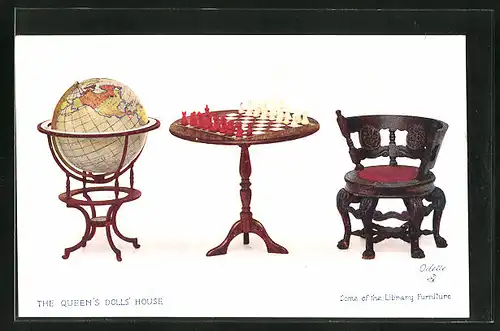AK The Queen`s Dolls` House - Library Furniture, Puppenhaus-Mobiliar, Schachspiel