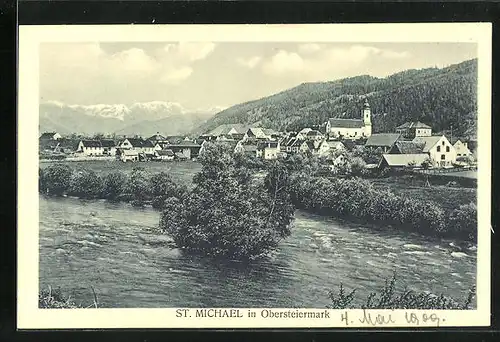 AK St. Michael, Panoramablick vom Fluss auf den Ort