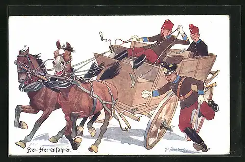 Künstler-AK Fritz Schönpflug: Der Herrenfahrer, Soldat auf einem Pferdewagen