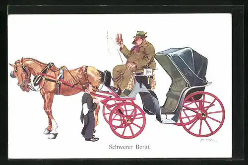 Künstler-AK Fritz Schönpflug: Schwerer Beruf, Dicker Kutscher mit einem dürren Pferd vor der Kutsche