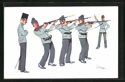 Künstler-AK Fritz Schönpflug: Offizier und Soldaten mit Gewehren
