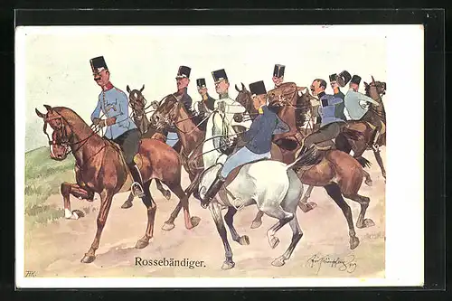 Künstler-AK Fritz Schönpflug: Rossebändiger, Soldaten auf Pferden