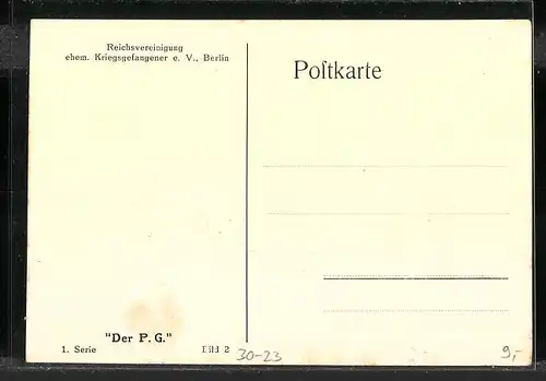 Künstler-AK Reichsvereinigung der ehem. Kriegsgefangener, Der P.G., Soldaten führen Kriegsgefangene ab