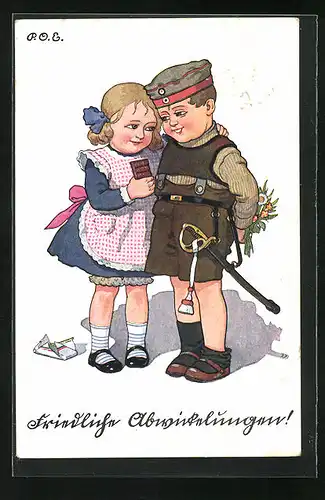Künstler-AK P. O. Engelhard (P.O.E.): schüchteres Mädchen teilt mit ihrem Soldaten eine Tafel Schokolade