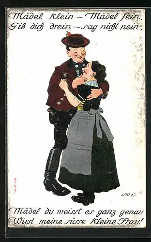 Künstler-AK P. O. Engelhard (P.O.E.): Mann in Tracht berührt sein Mädel zärtlich im Gesicht