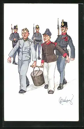 Künstler-AK Fritz Schönpflug: Soldaten tragen einen Eimer