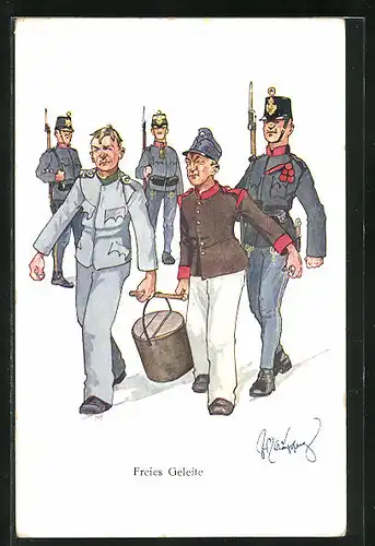 Künstler-AK Fritz Schönpflug: Freies Geleite, Soldaten tragen einen Eimer