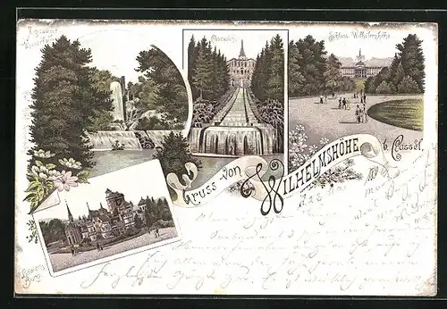 Lithographie Kassel, Parkpartie beim Schloss Wilhelmshöhe, Löwenburg, Aquaduct-Wasserfall