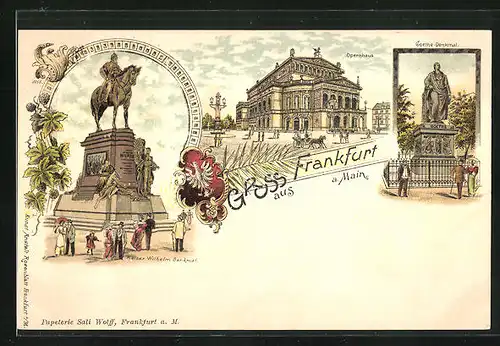 Lithographie Frankfurt, Opernhaus, Goethe Denkmal & Kaiser Wilhelm Denkmal