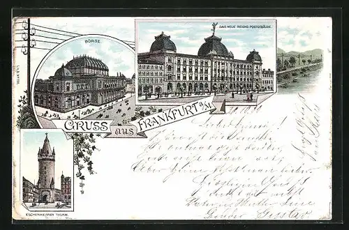 Lithographie Frankfurt, Börse, Eschenheimer Thurm & Reichs Postgebäude
