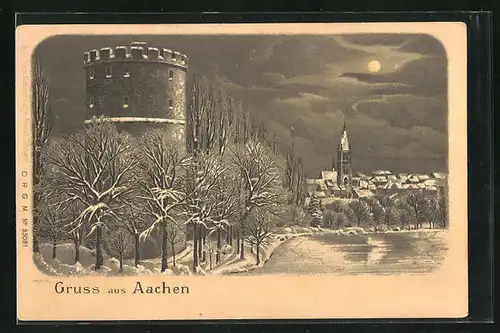 Winter-Lithographie Aachen, Teilansicht mit Turm im Schnee bei Mondschein