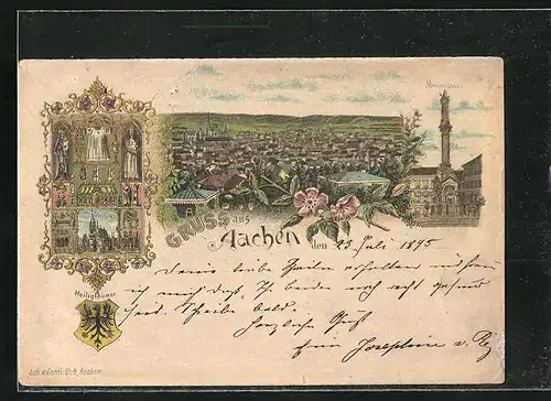 Vorläufer-Lithographie Aachen, 1895, Ortsansicht, Mariensäule, Heiligtümer
