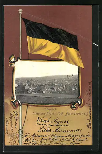 Passepartout-AK Aachen, Totalansicht und Flagge