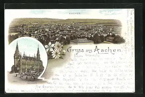 Lithographie Aachen, Totalansicht und Rathaus
