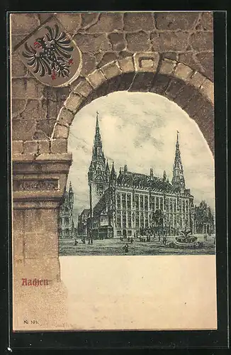 Lithographie Aachen, Rathaus und Stadtwappen