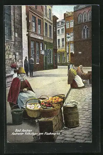 AK Aachen, Marktfrau auf dem Fischmarkt