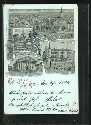 Mondschein-Lithographie Aachen, Kriegerdenkmal, Rathaus, Stadttheater, Panorama