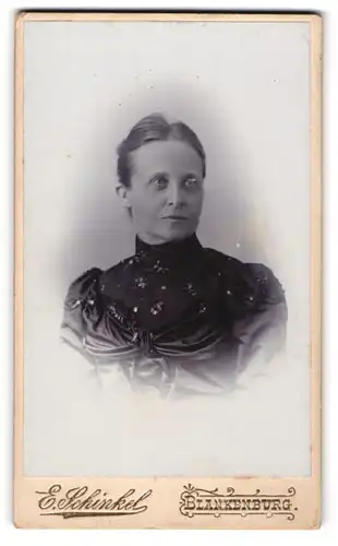 Fotografie E. Schinkel, Blankenburg, Portrait Dame in edler Bluse mit Pailletten