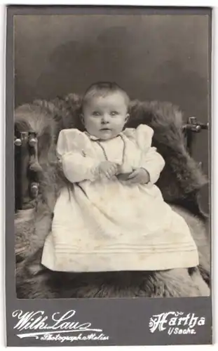 Fotografie Wilhelm Lau, Hartha i / Sachs., Portrait niedliches Kleinkind im weissen Kleid mit Ball auf Fell sitzend