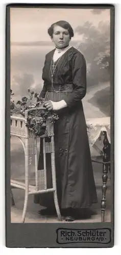 Fotografie Richard Schlüter, Neuburg a / D., Portrait bürgerliche Dame im eleganten Kleid mit Kreuzkette
