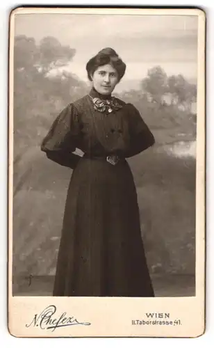 Fotografie N. Chefez, Wien, Portrait Frau in einem langen Kleid mit hübscher Frisur