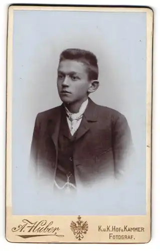 Fotografie A. Huber, Wien, Portrait Knabe im im Anzug mit Krawatte