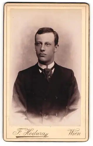 Fotografie F. Hodway, Wien, Portrait junger Mann im dunklen Anzug
