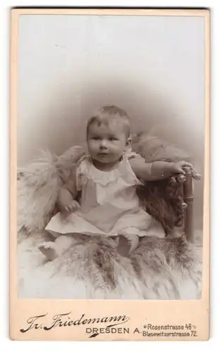 Fotografie Tr. Friedemann, Dresden-A., Portrait niedliches Baby auf einem Fell sitzend
